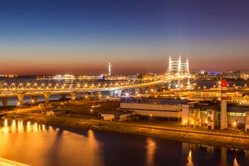 Foto op Plexiglas Night scene, cable-stayed bridge. High-speed highway. © kordeo