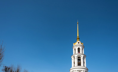 High white bell tower in Shuya, Ivanovo region, Russia.