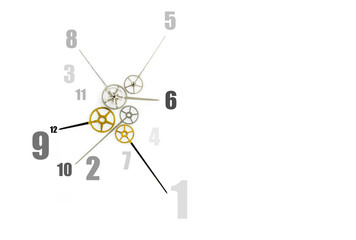 clock with many hands and numbers on white background, time management concept and confusing time...