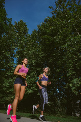 Naklejka na ściany i meble Athletic women exercising by jogging in nature
