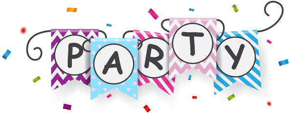 Party sign with bunting flags