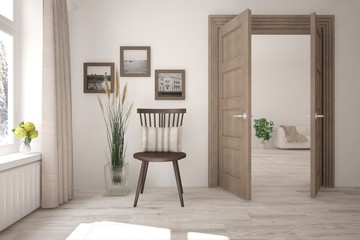 White modern room with chair. Scandinavian interior design. 3D illustration