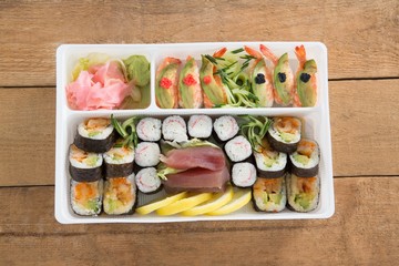 Various sushi rolls with shrimp