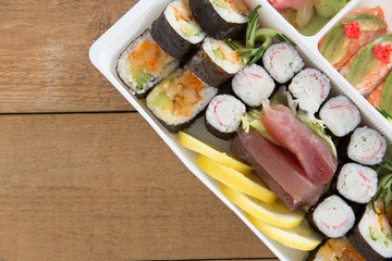 Various sushi rolls with shrimp