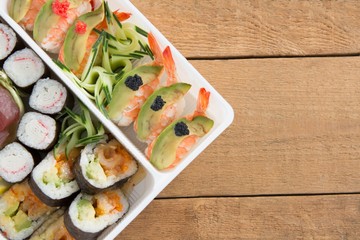 Various sushi rolls with shrimp