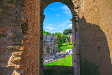 View of the Triumphal Arch of Constantine through the arch of the Colosseum
