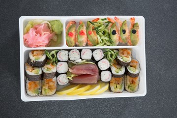 Various sushi rolls with shrimp