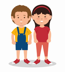 Brunette boy and girl standing together over white background. Vector illustration.