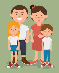 A couple and their kids posing together over green background. Vector illustration.