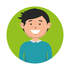 A dark-haired smiling man icon over green and white background. Vector illustration.