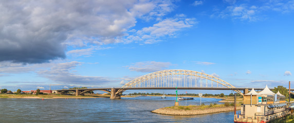 Beautiful construction of panorama Waal bridge over river, Nijmegen Netherlands