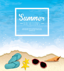 Summer vacations sign with flip flops, starfish, sunglasses and seashell over beach background. Vector illustration.
