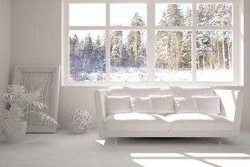 White room with sofa and winter landscape in window. Scandinavian interior design. 3D illustration