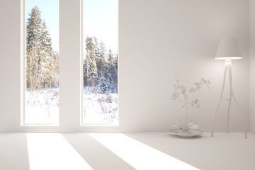 Fototapeta na wymiar White empty room with winter landscape in window. Scandinavian interior design. 3D illustration