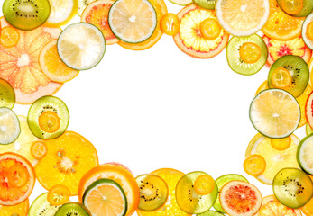 Mixed transparent citrus fruit on white