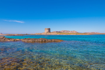 Beautiful turquoise blue mediterranean Pelosa beach near Stintino, Sardinia, Italy.