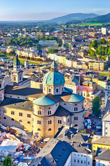 Naklejka premium Aerial view of the historic city of Salzburg in beautiful evenin