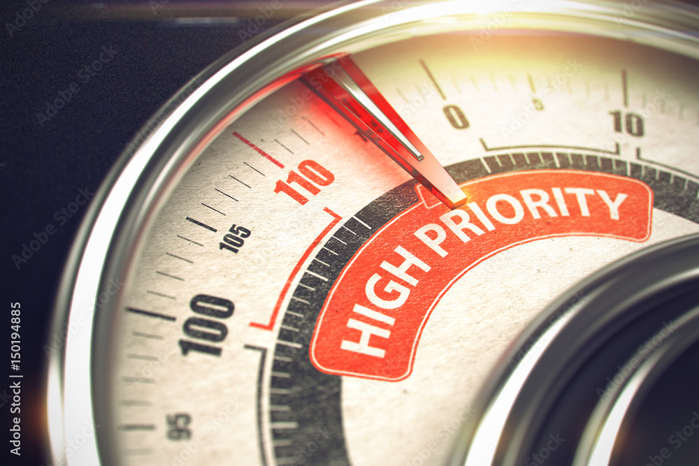Poster conceptual illustration of a gauge with red needle pointing to maximum of high priority. horizontal 