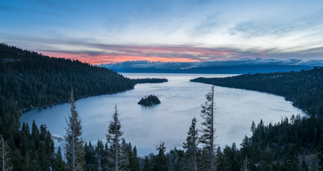 Emerald Bay on Lake Tahoe with snow on mountains