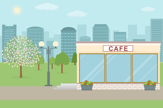 Cafe building on city background. Flat style, vector illustration.
