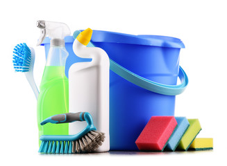 Chemical cleaning supplies isolated on white