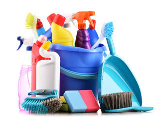 Variety of detergent bottles and chemical cleaning supplies