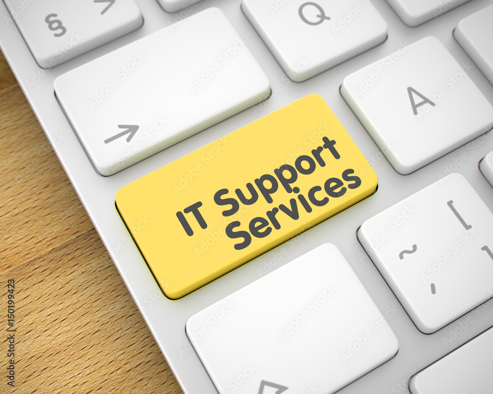 Poster aluminum keyboard with it support services yellow button. slim aluminum keyboard button showing the 