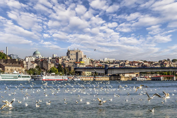 Fototapeta na wymiar Panorama of Belgrade Old Downtown with Tourist Nautical Port and Brankov Bridge at Savamala Area Viewed From Sava River