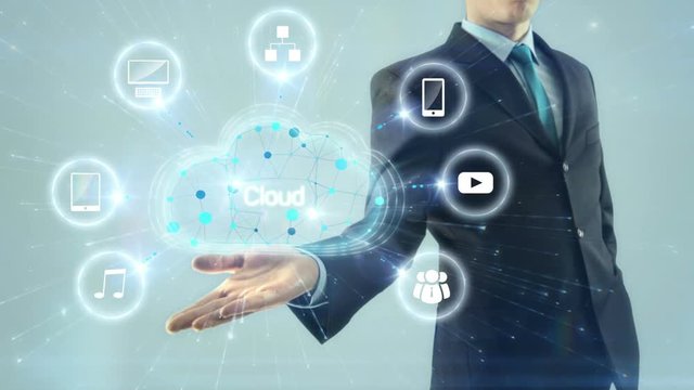 Business man businessman cloud computing network server concept hold design scheme on hand white light background