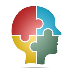 The color human head composed of red, blue, green and yellow puzzle pieces with gray shadow below the head on a white background. Human head composed of geometric elements 