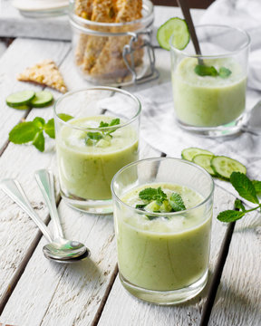 Cold cucumber soup with avocado and mint