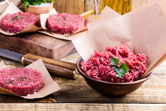 Organic raw ground beef meat and burger steak cutlets