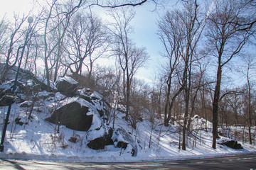 Rocks and trees with snow next to road in winter