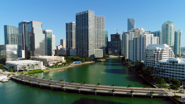 Static aerial shot of the Brickell Key Bridge