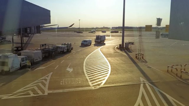Busy timelapse in loading area of Warsaw Chopin airport
