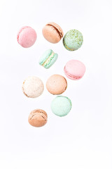 Macarons cake, top view flat lay, fly falling pattern macaroon