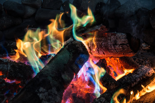 Colorful flames, fireplace - Stock image