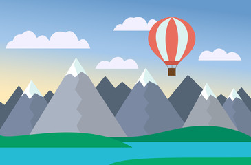 Fototapeta na wymiar Cartoon colorful vector illustration of mountain landscape with lake and hill under blue sky with clouds and red hot-air balloon