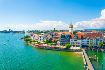 Panorama view of a marina of the german city Friedrichshafen.