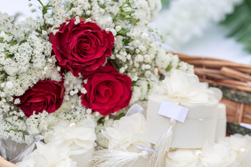 engagement boxes with red roses in basket