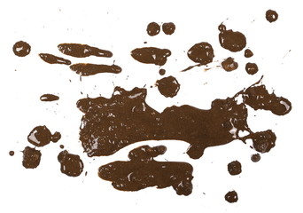 drops of mud sprayed isolated on white background, with clipping path