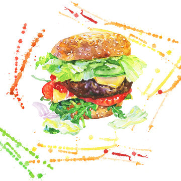 Hand drawn cheeseburger with vegetables. Watercolor meet fast food with splashes. Painting isolated summer barbecue illustration on white background