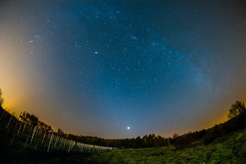 Astro Landscape with the Milky Way, the Zodiacal Light, and the bright Venus as seen from the Palatinate Forest in Germany. - obrazy, fototapety, plakaty