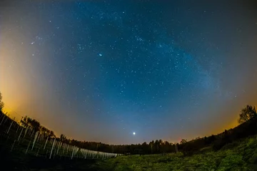 Zelfklevend Fotobehang Astro Landscape with the Milky Way, the Zodiacal Light, and the bright Venus as seen from the Palatinate Forest in Germany. © David Hajnal