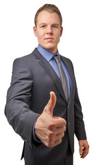 Isolated young attractive successful smiling businessman with thumb up. Business concept for advertisement.