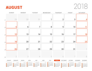 Calendar Template for 2018 Year. August. Business Planner with Year Calendar. Stationery Design. Week starts on Sunday. Vector Illustration