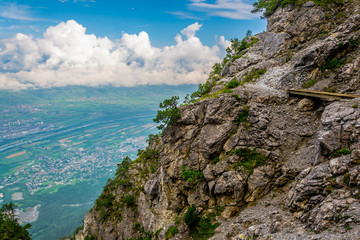 Detail of the fuerstensteig hiking trail in the principality of liechtenstein.
