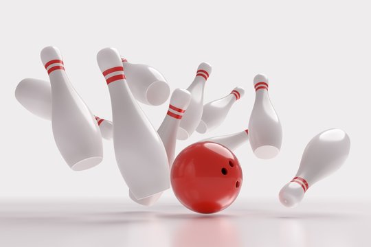 3D rendered illustration of bowling ball knocking down pins (Strike). White background.