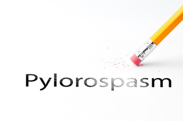 Closeup of pencil eraser and black pylorospasm text. Pylorospasm. Pencil with eraser.