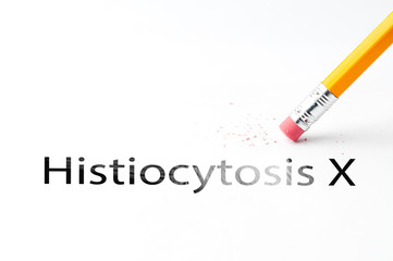 Closeup of pencil eraser and black histiocytosis X text. Histiocytosis X. Pencil with eraser.